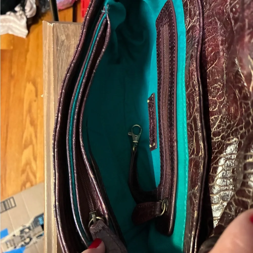 Kate Landry Leather Croc-Embossed Shoulder Bag Burgundy Brass Teal interior - Picture 8 of 17